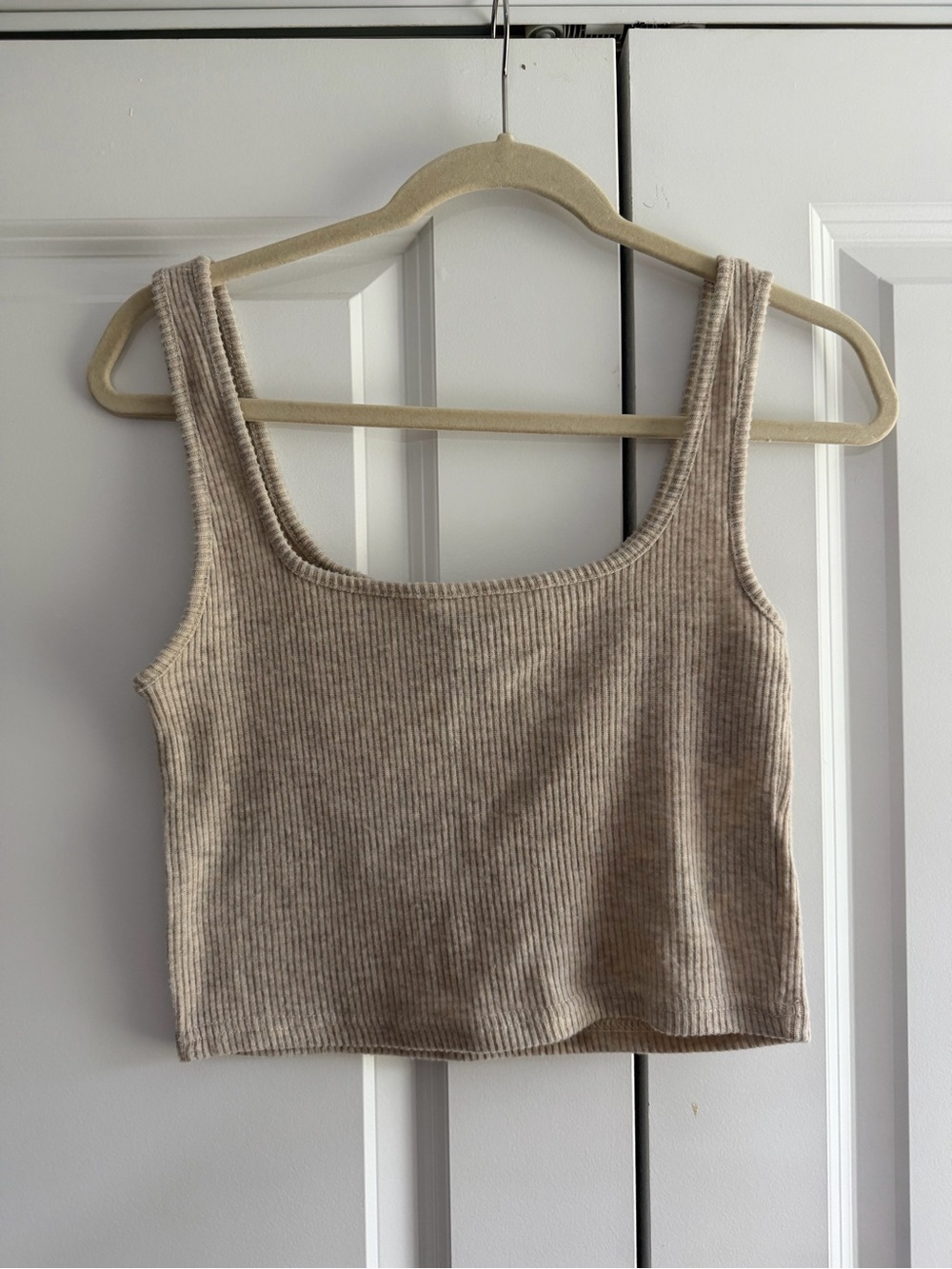 Ribbed Scoop Neck Crop Tank Top - Beige